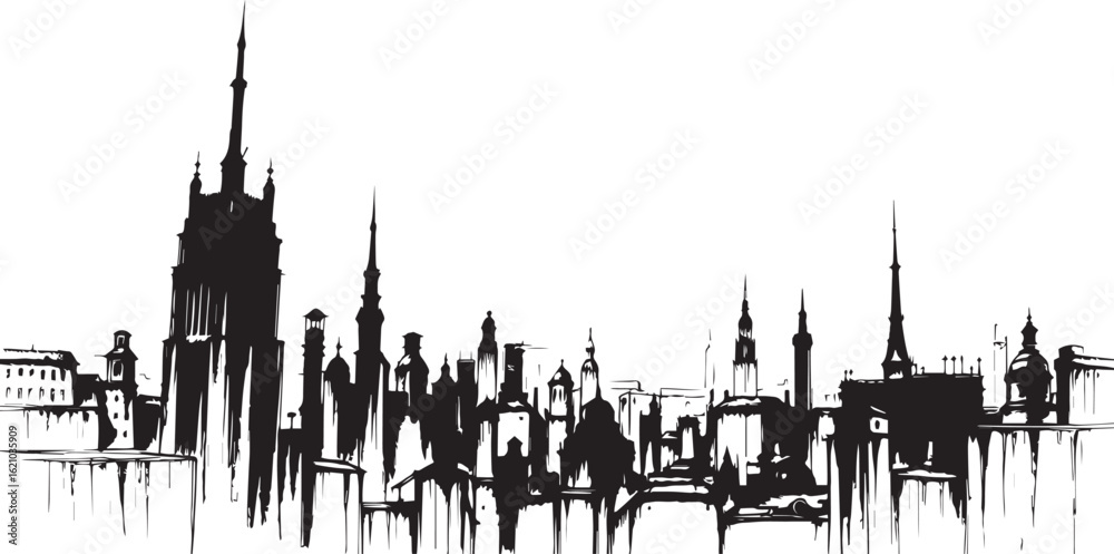 Naklejka premium City landscape. Different buildings on street, outline cityscape hand sketch, flat houses. Hand drawn vector illustration