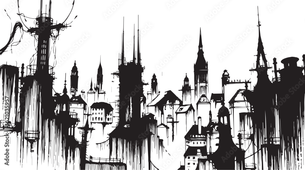 Fototapeta premium City landscape. Different buildings on street, outline cityscape hand sketch, flat houses. Hand drawn vector illustration