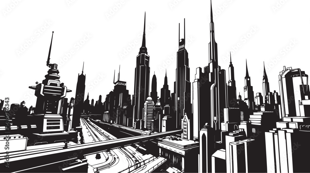 Fototapeta premium City landscape. Different buildings on street, outline cityscape hand sketch, flat houses. Hand drawn vector illustration