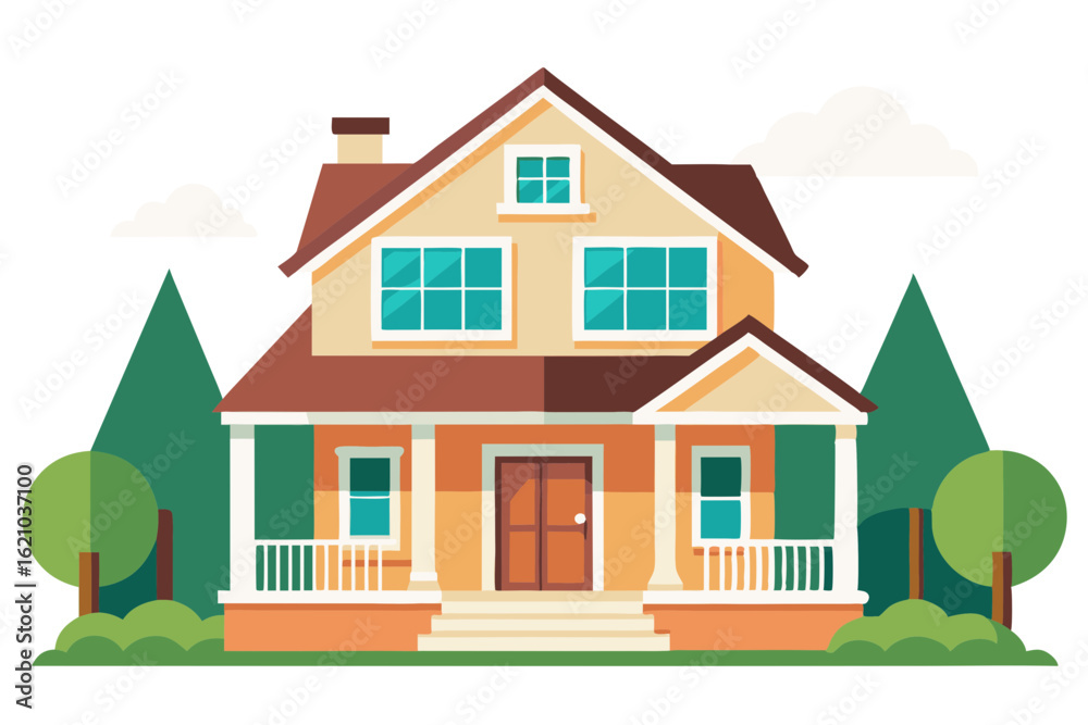 Naklejka premium Two-Story Suburban House Vector with Front Porch Scene