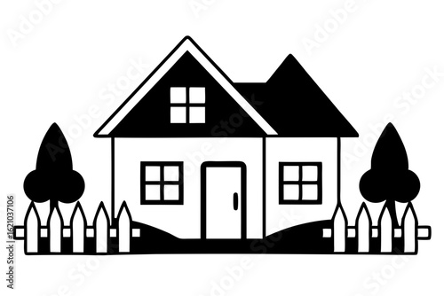 Vector of Family House with Yard and Fenced Lawn