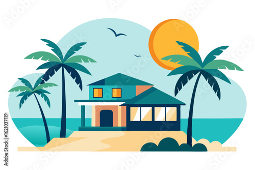 Beachfront Vacation Home Vector with Palm Trees and Sun