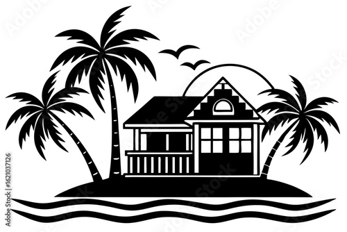 Tropical Vacation House by the Sea with Palm Trees Illustration