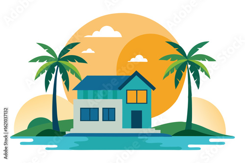 Beachfront Vacation Home with Palm Trees and Bright Sun Vector