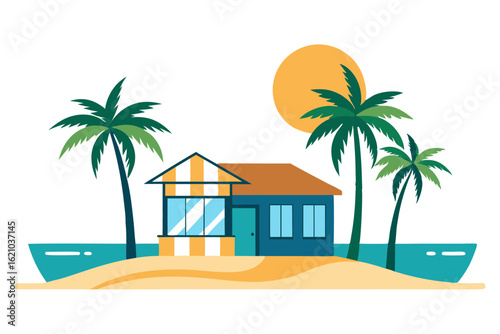 Seaside Villa with Palm Trees and Sunshine Vector Art