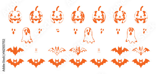 Orange halloween pumpkins ghosts bats and footprints graphic design jackolantern