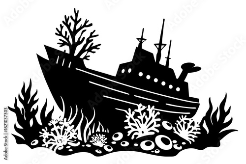 Shipwreck Illustration Surrounded by Coral and Fish Silhouette
