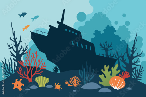 Sunken Shipwreck with Coral and Ocean Creatures Vector Design