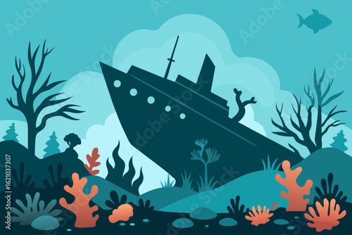 Lost Ship Silhouette with Marine Life and Sunken Treasure Vector