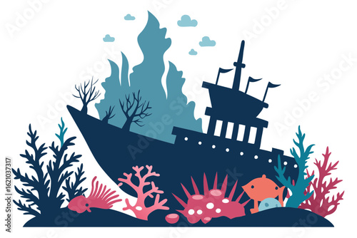 Underwater Wreck of a Ship with Coral Reef Scene Vector