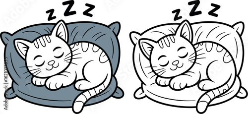 Cartoon illustration of a sleeping cat on a pillow with zzzs above its head twice