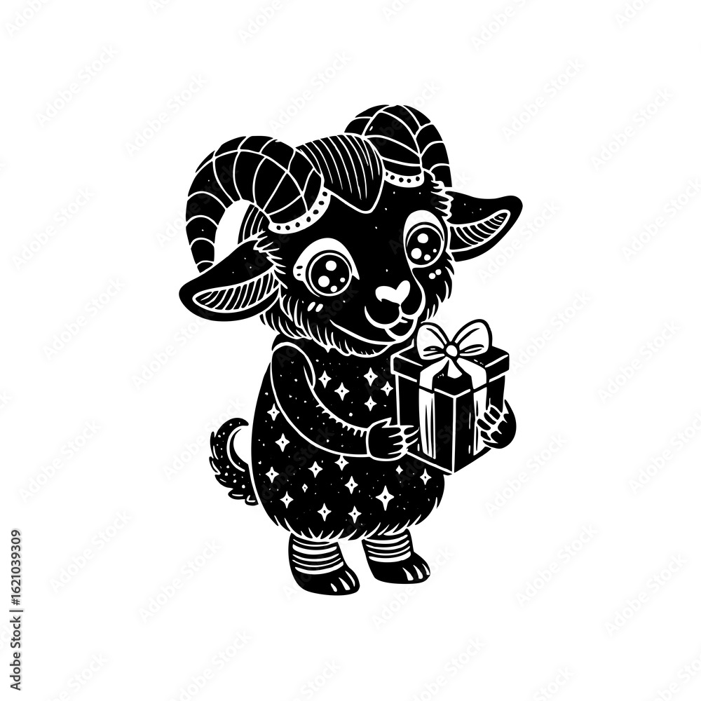 Obraz premium A cute cartoon goat stands holding a wrapped gift with a bow, depicted in a black and white vector illustration.