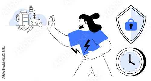 Person stopping consumption of dairy and fish products, holding stomach indicating pain or discomfort. Shield with lock, clock nearby. Ideal for self-care, health, time management, diet control