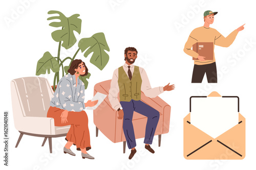 Group discussion with seated man, woman gesturing, delivery worker holding parcel. Open envelope nearby. Ideal for teamwork, communication, mail, logistics delivery office culture. Simple flat