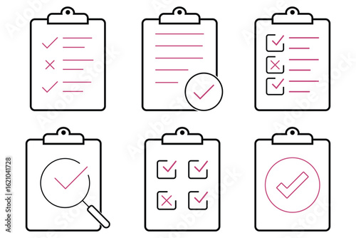 clipboard icon set. quality control, checklist, clipboard with check mark, magnifier. vector illustration. Clipboards with check list. flat line icons set, pixel perfect, editable stroke, vector eps10