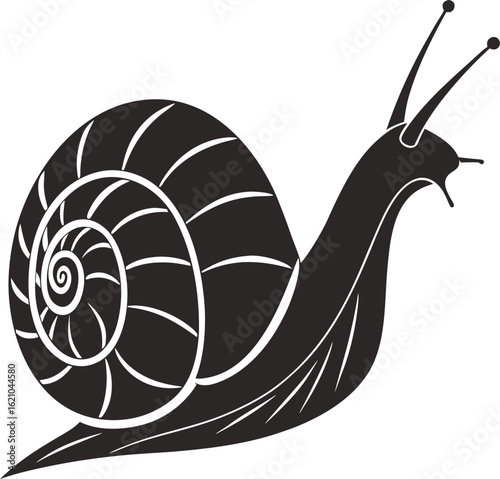 A cute cartoon snail with a spiral shell on a white background or a leaf, a slow symbol of nature and garden art