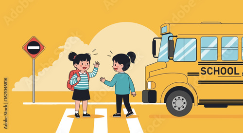 Two cheerful schoolgirls meet near a yellow school bus, embarking on a new day of education