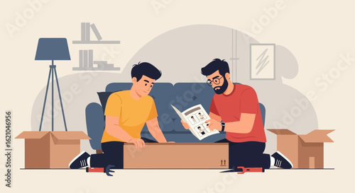 Two Friends Assemble New Furniture Following Instruction Manual Together