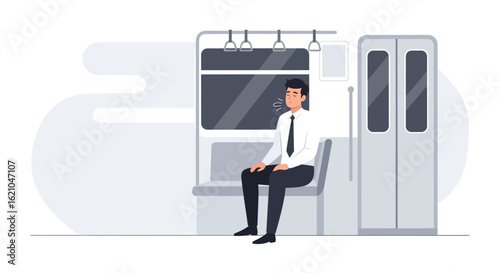 Stressed Businessman Commuting on Public Transport Seeking Relief on a Train