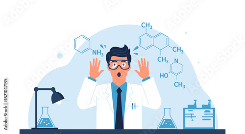 Stressed scientist facing complex formulas during experiments in laboratory setting