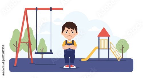 Unhappy Boy Standing Arms Crossed Playground Expressing Loneliness