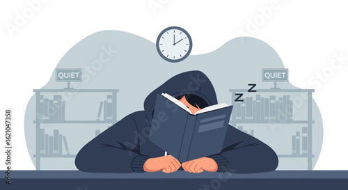 Student Asleep At Library During Study Session Exhausted From Learning