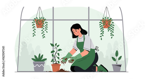 Unhappy Woman Growing Plants Indoor In Greenhouse During Home Gardening
