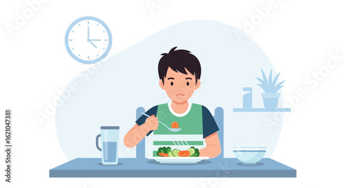 Unhappy Young Boy Reluctantly Eating Vegetables At The Table Lunch Time