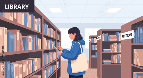 Student Browsing Bookshelves In The Library Vector Graphic Illustration