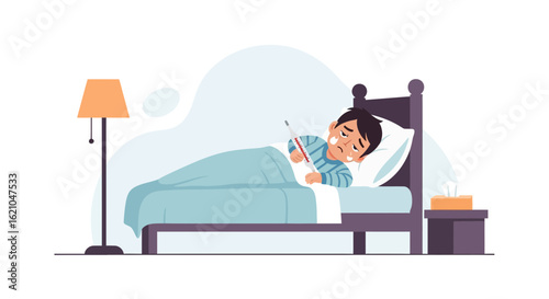Unwell Child Resting In Bed Checks Temperature With Thermometer