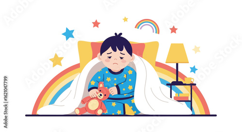Upset Little Boy In Pajamas Sitting On Bed Playing With Plush Toy