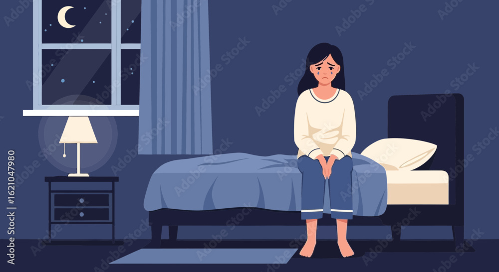 Fototapeta premium Upset Woman Sitting on Bed During Insomnia Night Feeling Sadness