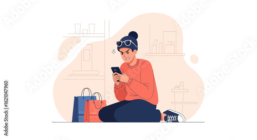 Upset Woman Using Smartphone After Shopping Frustrated By Online Purchase