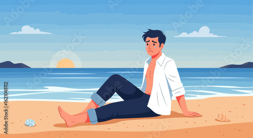 Upset Young Man Sitting Alone On Beach At Sunset Feeling Heartbroken