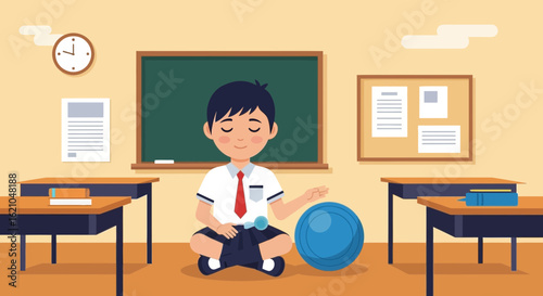 Student Practicing Mindfulness With A Balancing Ball In Classroom Quiet Moment