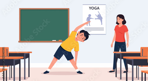 Student Practicing Yoga Pose In Classroom With Instructor Guidance Illustration