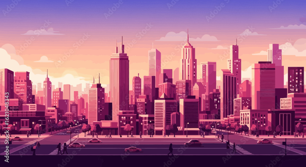 Fototapeta premium Urban Serenity Pink Hues And Dynamic Skyline For Modern City Landscape