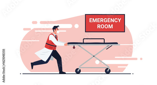 Urgent Medical Care Doctor Rushing A Gurney Toward Emergency Room In A Hospital