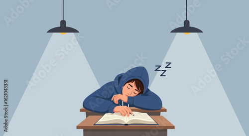 Student sleeping at desk with book under lamps illustration displaying academic fatigue