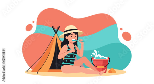 Vacation Dental Care A Woman Brushes Teeth Outdoor Near Camp On Summer Day