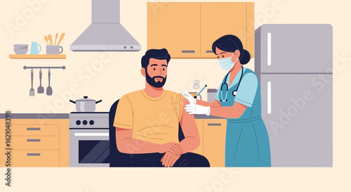 Vaccination At Home Doctor Injecting Patient Vaccine In Kitchen Setting
