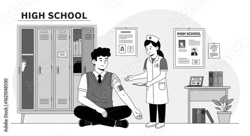Student With Patch And Nurse Interaction In High School Environment