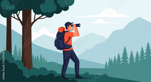 Hiker explores mountain landscapes with binoculars, enjoying outdoor adventure and sightseeing in nature