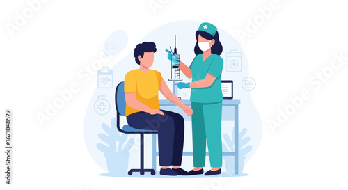 Vaccination Campaign Illustration Depicting a Nurse Administering a Vaccine Shot