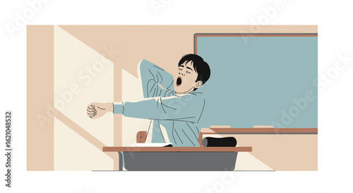 Student Yawns In Classroom Feeling Boredom And Fatigue During School Hour