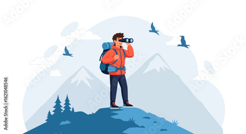 Hiker Observing Mountains With Binoculars Inspiring Exploration And Adventure