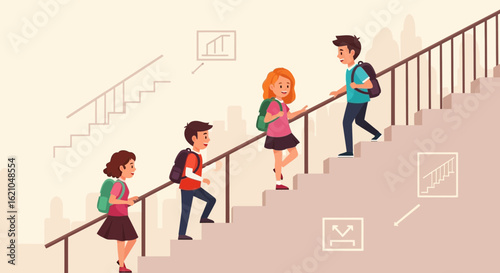 Students Climbing Stairs Together Represents Education Progress and Achievement