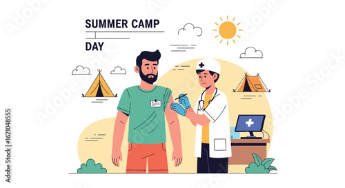 Vaccination During Summer Camp Vector Illustration For Healthcare Promotion