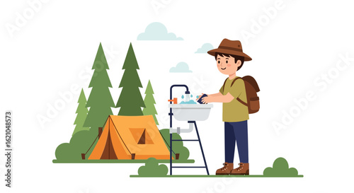 Hiker Washing Hands At Camping Sink Near Tent And Forest Area