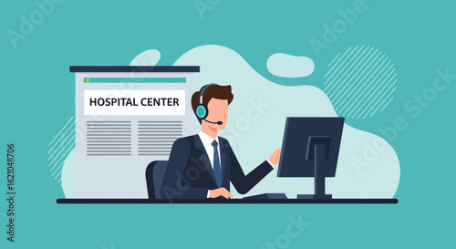 Hospital Helpline Operator Providing Customer Support Via Computer And Headset